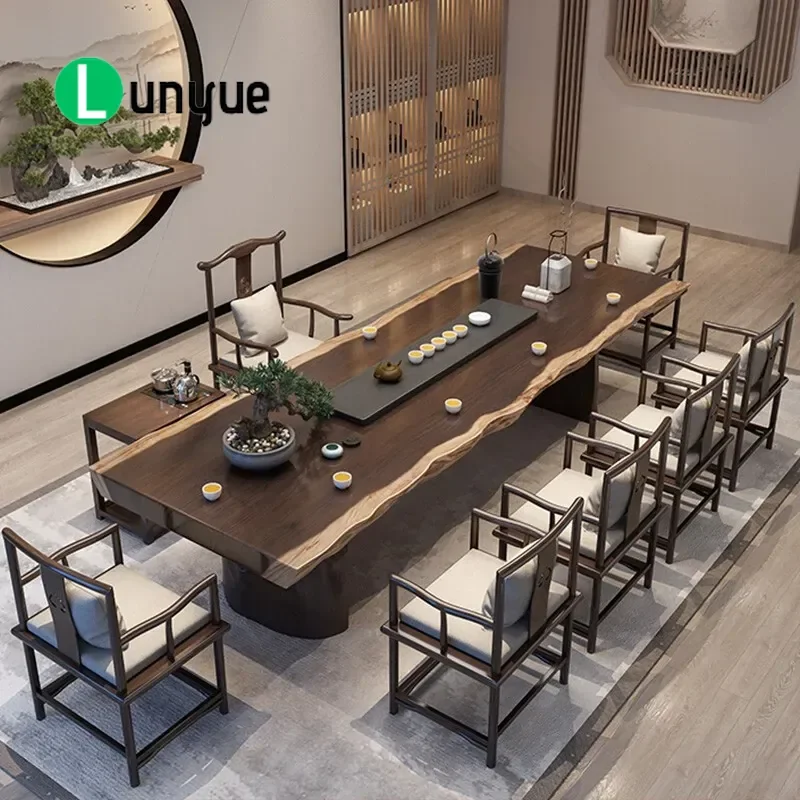 New Chinese Style Solid Wood Tea Table Large Board Office Log Tea Ceremony Zen Furniture Integrated Design for Living Room