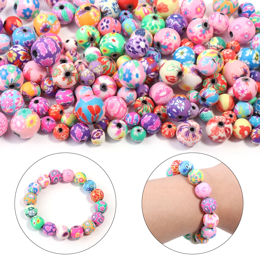 50 teile/los Polymer Clay Perlen Blumenmuster Druck Runde Perlen Lose Spacer Perlen Für DIY Schmuck Machen Armband Halskette