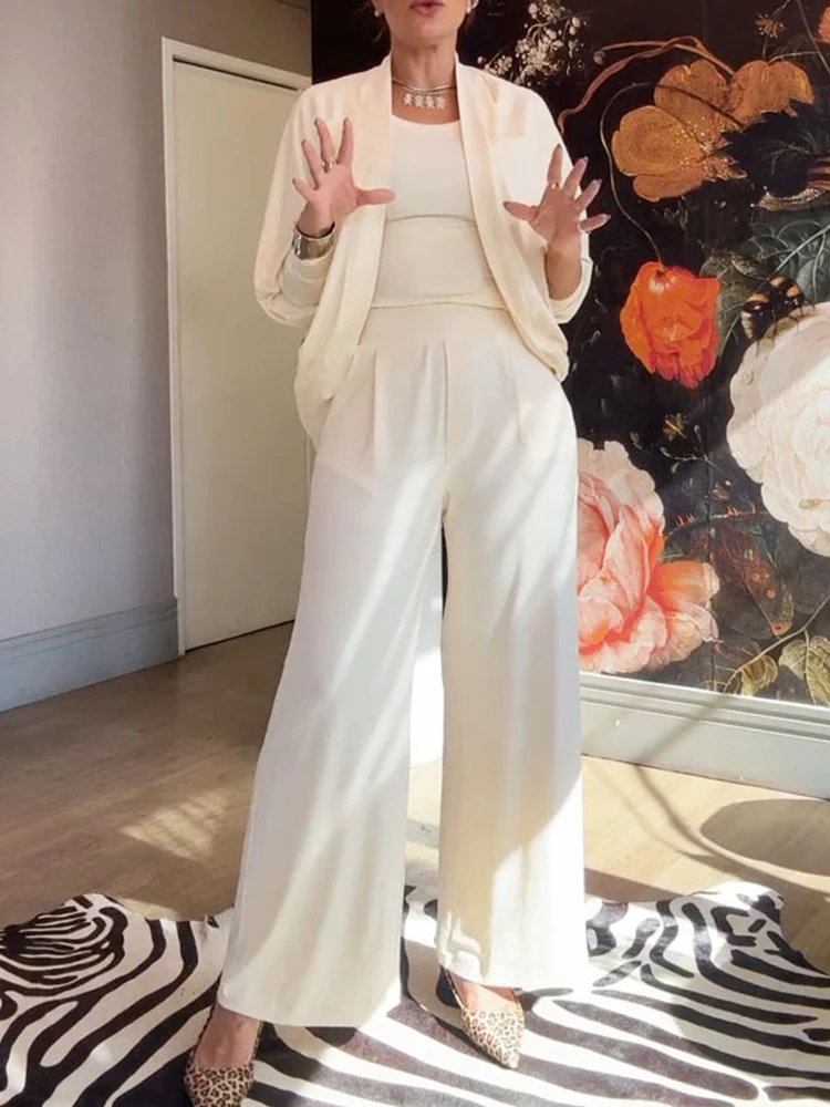 Drauuing 3 Pieces Sets Women Top With Wide Leg Pant Women Loose Casual Fashion Pant Sets Women Cardigan Outfits 3 Pieces Sets