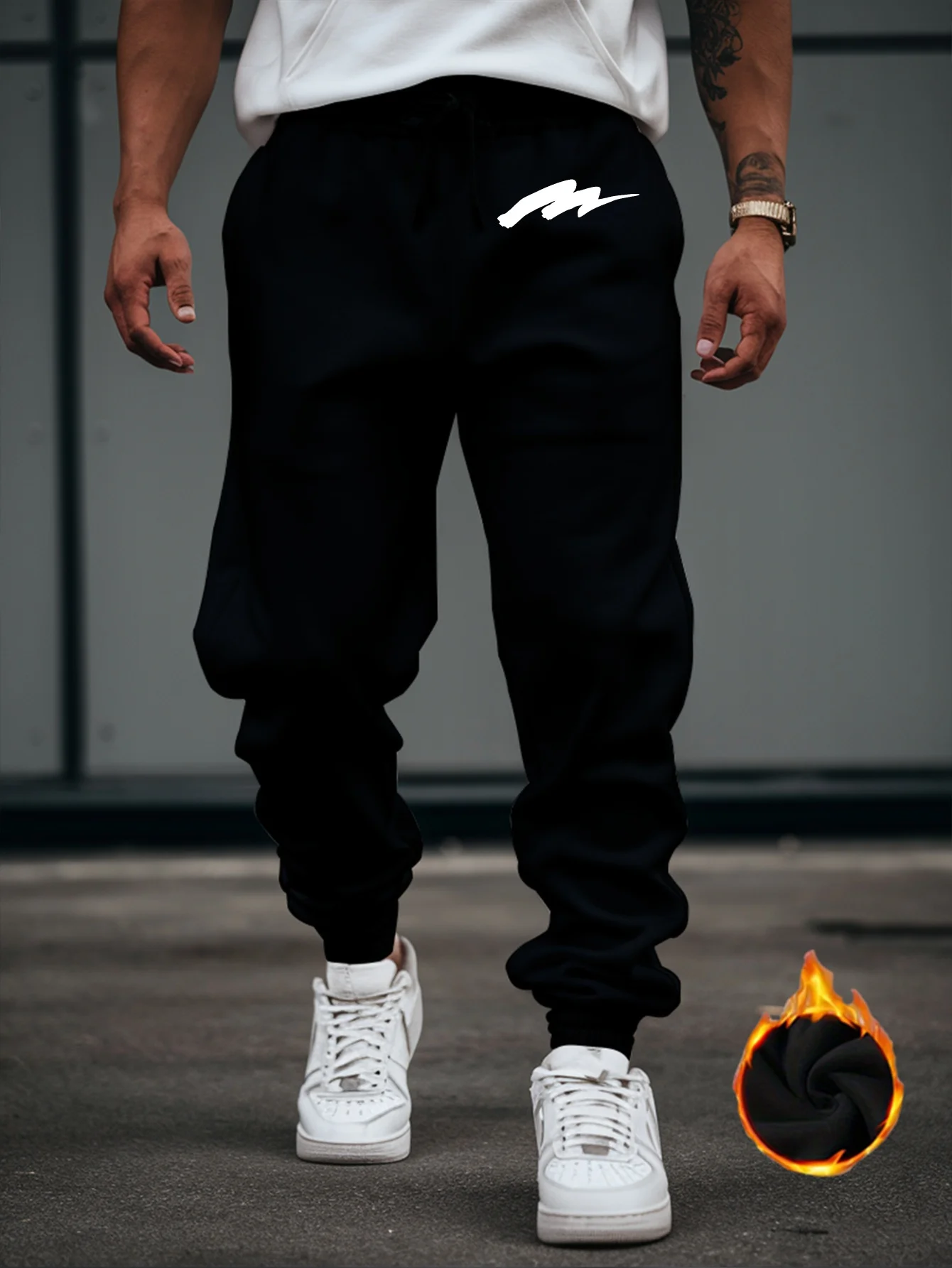 Clean‑lined hand‑paint dash symbol artwork print graphic relaxed loose sweatpants men hip hop sports casual jogger pants
