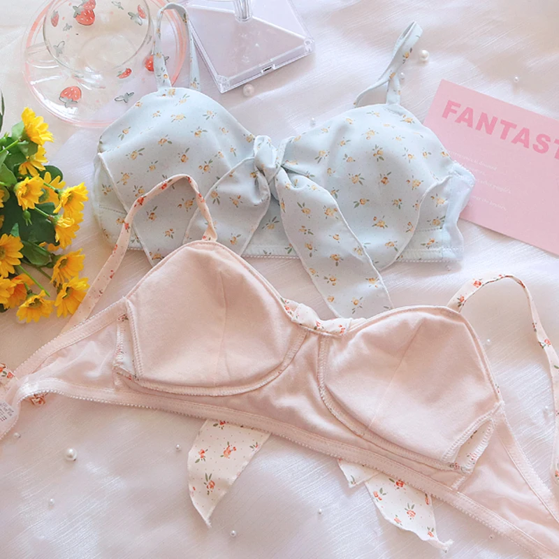 Cute and sweet bra and panty set Japanese lolita bralette chiffon floral bow comfortable lingerie summer thin girls underwear se