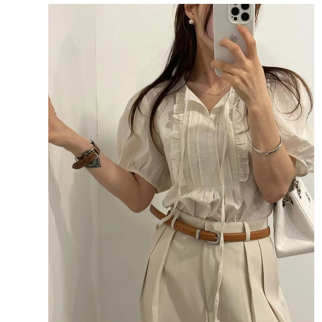 Faionable Bubble Sve irt met kanten randdecoratie Polyestervezel 00% herfst 2024 Neline Suite Casual dames irt