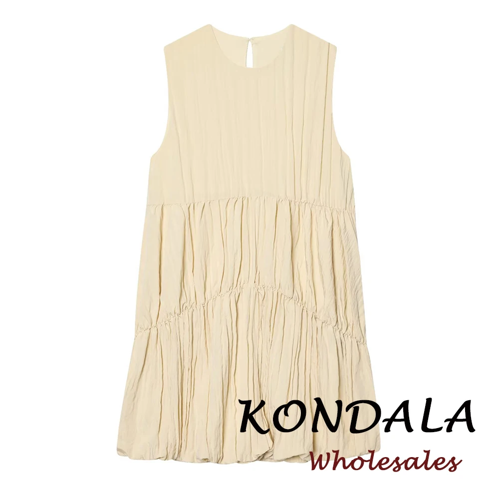 KONDALA Lässiges Einfarbiges Damen-Minikleid Gelb O-Ausschnitt Ärmelloses Kleid mit Falten Plissiert Drapiert Midi Mode 2026 Damen-Vestidos
