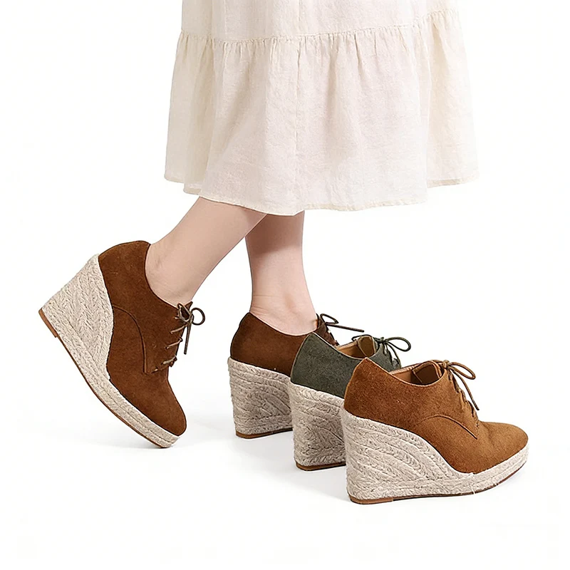 Women Comfort Wedge Heel Espadrille Shoes Lace-Up Platform Sneakers, Height Increasing Casual Shoes for Daily Plus Size 42 D814