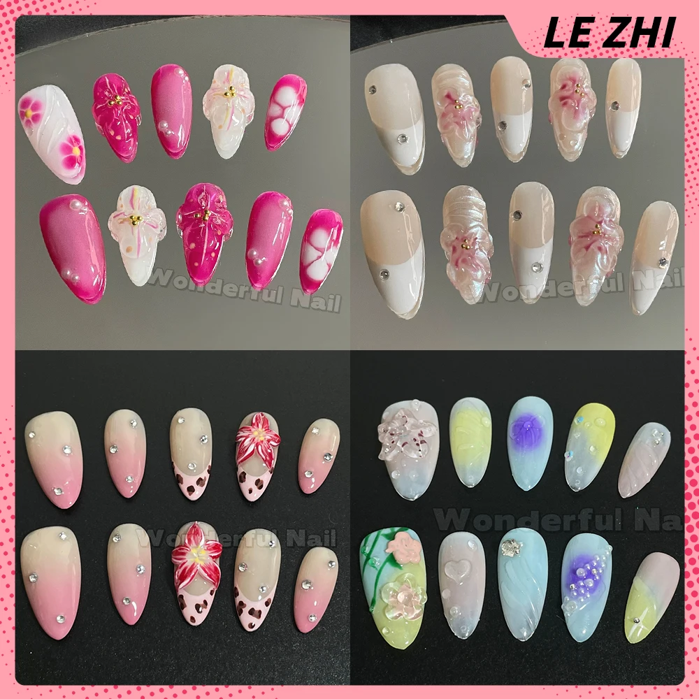 

10Pcs Handmade 3D Flower Series Press On Nails Colorful Dopamine French Long Almond Ellipse False Nails Detachable Nails