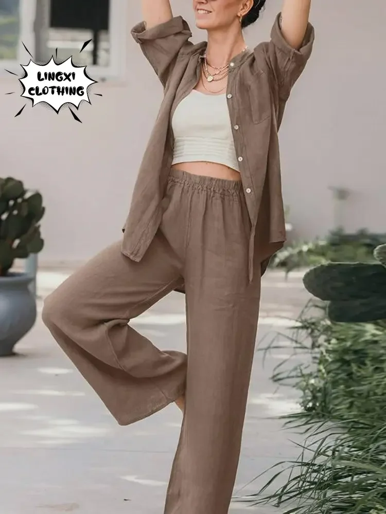 2024 Summer New Fashion Casual Set Solid Color Polo Collar Long Sleeved Shirt Top Wide Leg Long Pants Plus Size Two Piece Set