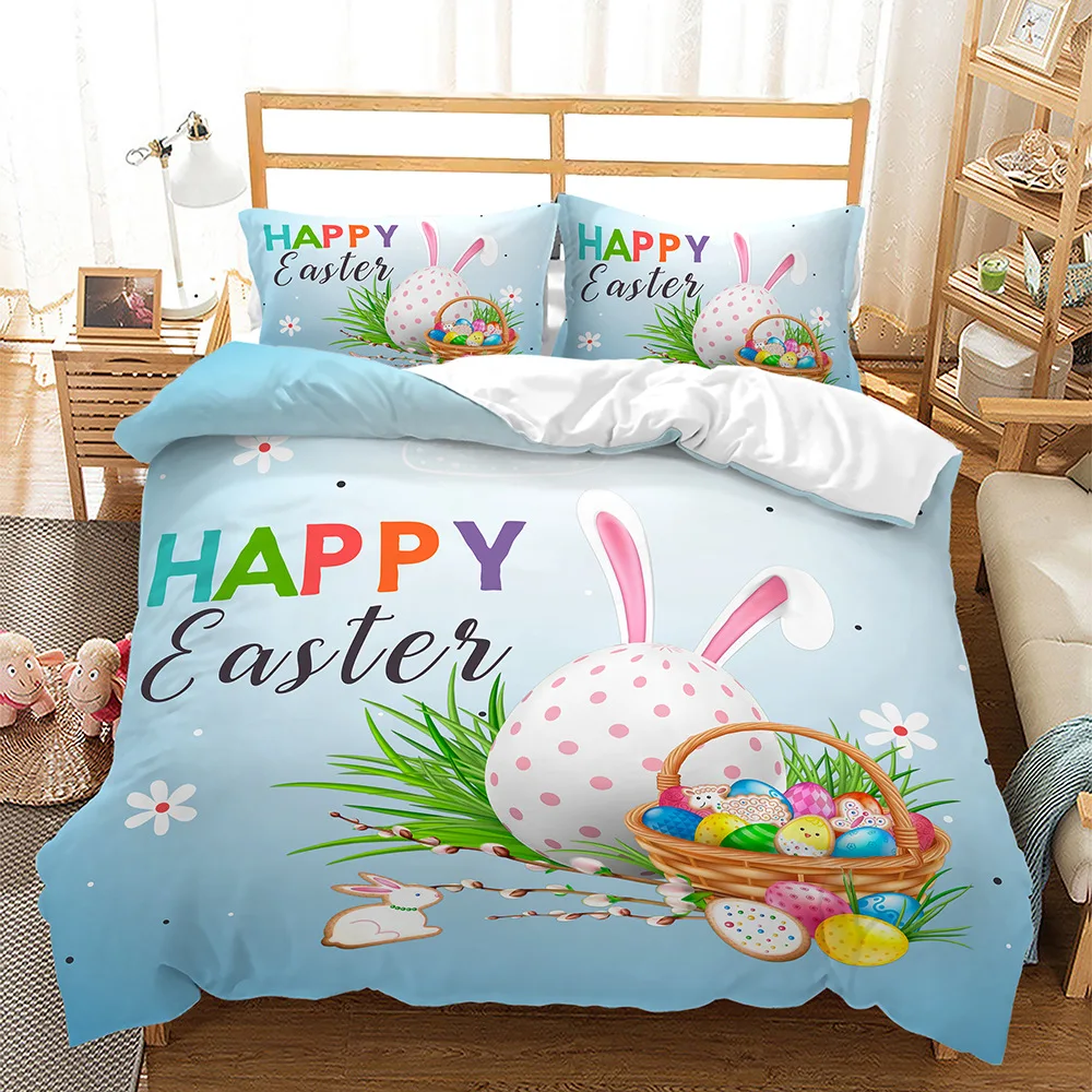 Easter Duvet Cover Set King/Queen Size Colorful Easter Eggs Nest Bunnies Theme Bedding Set Kids Boys Girls Polyester Quilt Cover