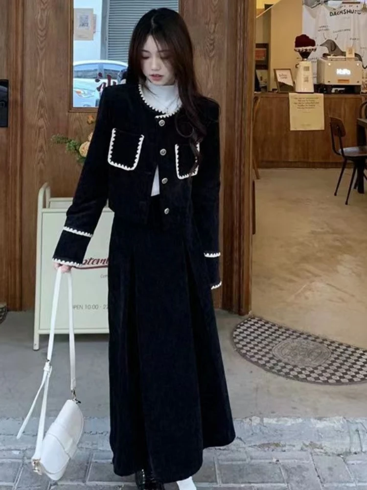 Spring New German Velvet Small Fragrant Style Contrasting Color Splicing Long Sleeved Top Jacket Two-piece Set Half Skirt