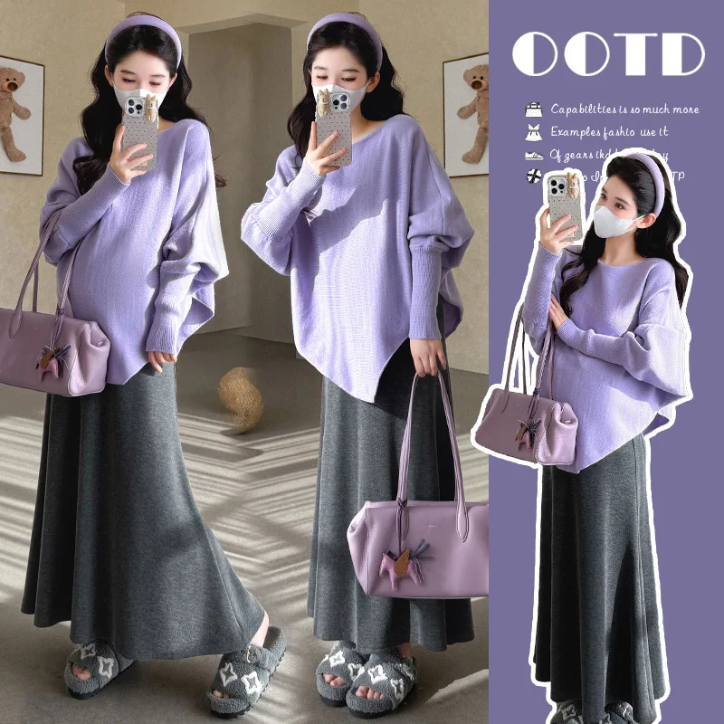 Maternity Suit Korean Style Gentle Temperament Lazy Style Loose Soft Comfortable Batwing Sleeve Sweater With Skirt Two Piece Set