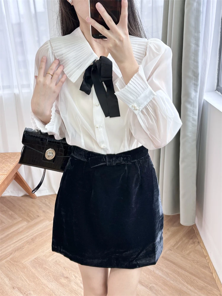 New 2024 High Quality Women Organza Peter Pan Collar Shirt and Velvet Short Skirt Bow Tie Elegant Sweet Chic Stunning Fashion DO