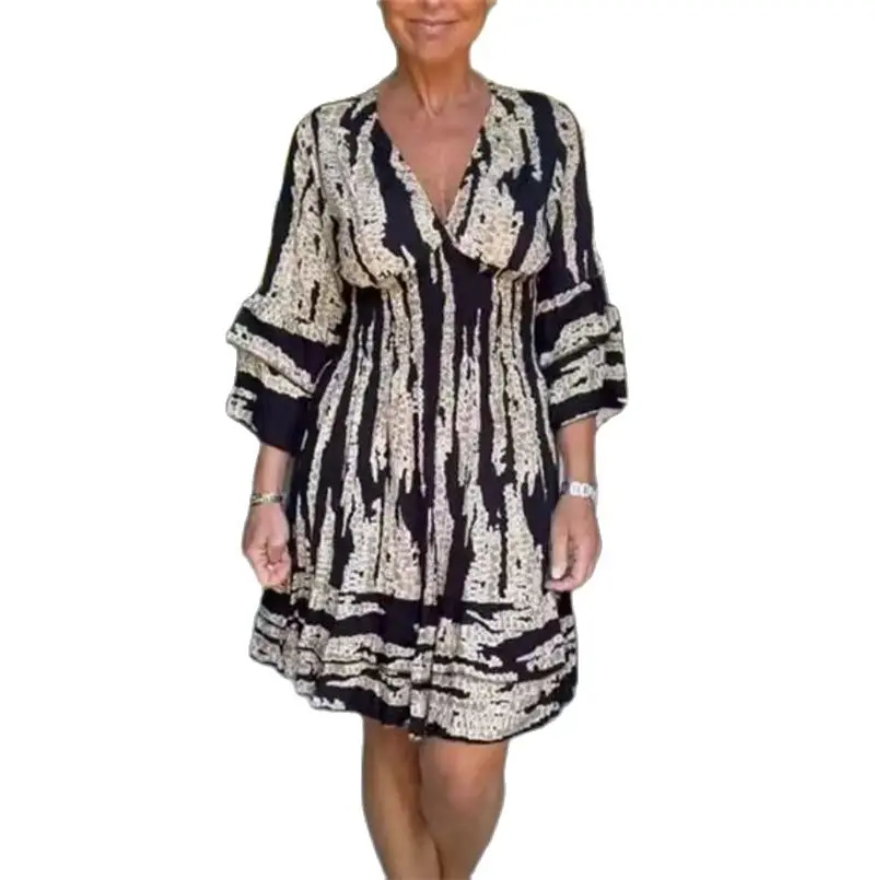 

Fashion Flared Nine-quarter Sleeve Deep V Neck Pullover Dress Ladies Vintage Ethnic Style Print A-line Dressy Women's Short Gown