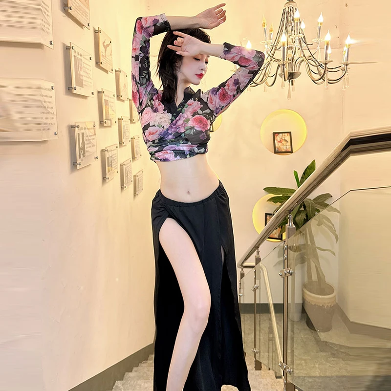 New belly dance outfit sexy V-neck floral top+black slimming slit skirt Oriental professional dancer performance set