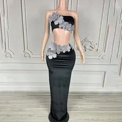 Women Sexy Strapless Flower Diamond Crystal Black Maxi Long Velvet Skirt Set Elegant Gowns Evening Club Party Photoshoot Costume