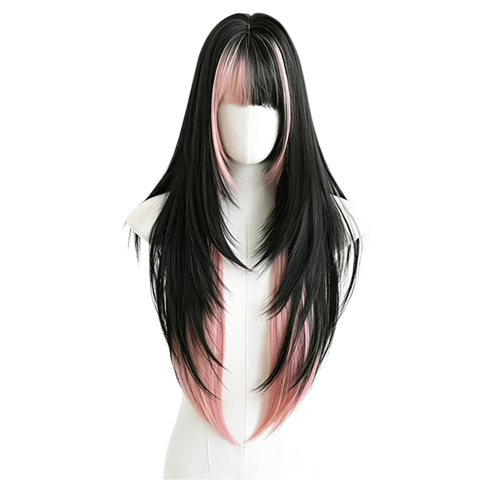 Black Pink Ombre Long Straight Wig with Bangs Layered Heat Resistant Synthetic Wig For Women Daily Cosplay Halloween Party