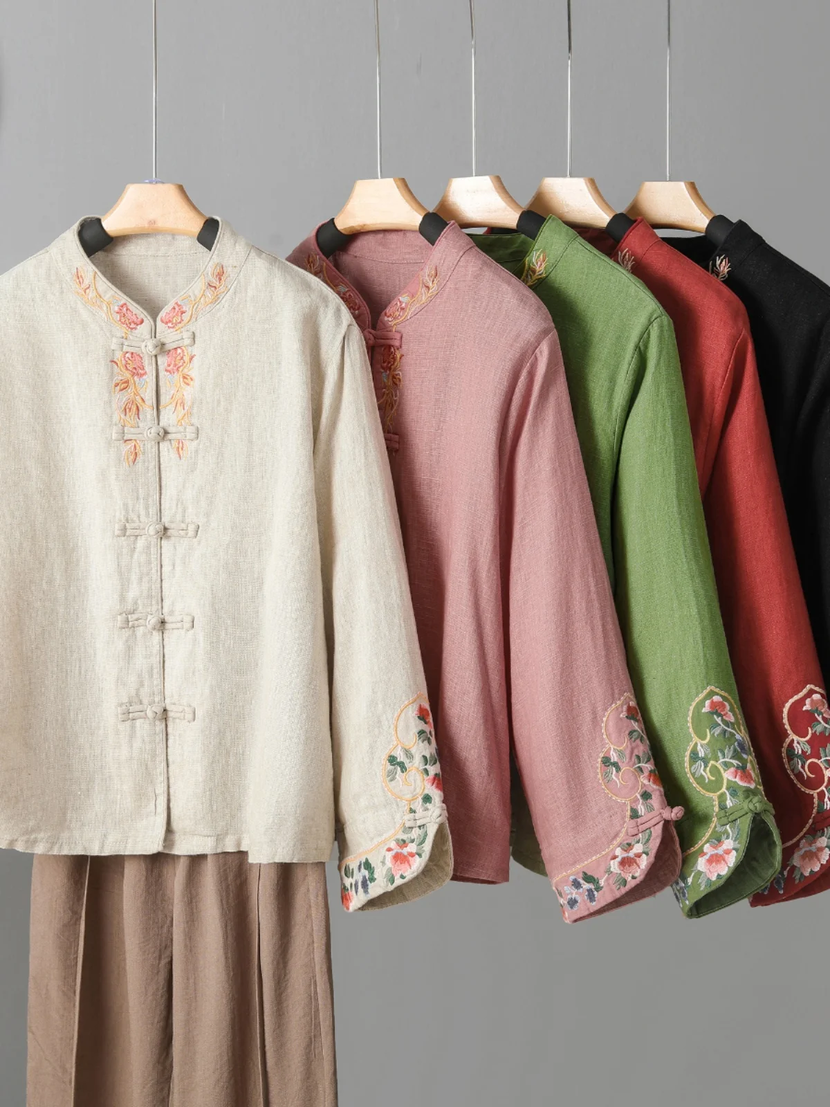 

Ele Long Sve Embroidered Cotton Linen irt Women's Spring Autumn Vintage National Sle Heavy Embroidery Stand Collar...