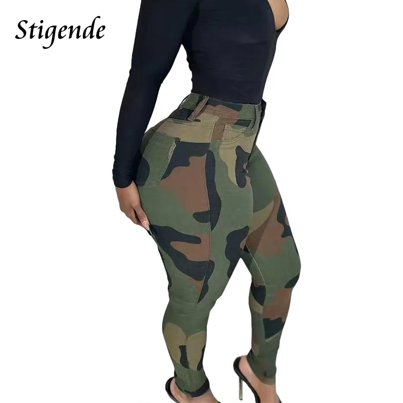 Stigende Sexy Skinny Slim Camouflage Pants Women Green Stretch Pencil Pants Casual Button Pocket Military Trousers