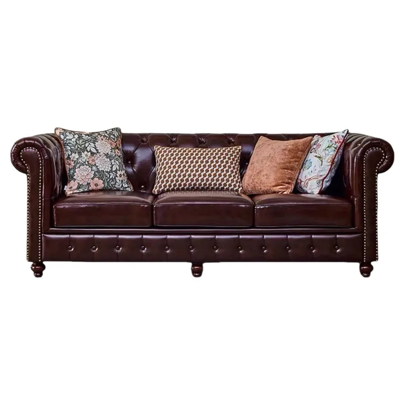 Medieval leather sofa living room American retro oil wax leather buckle sofa cigar bar