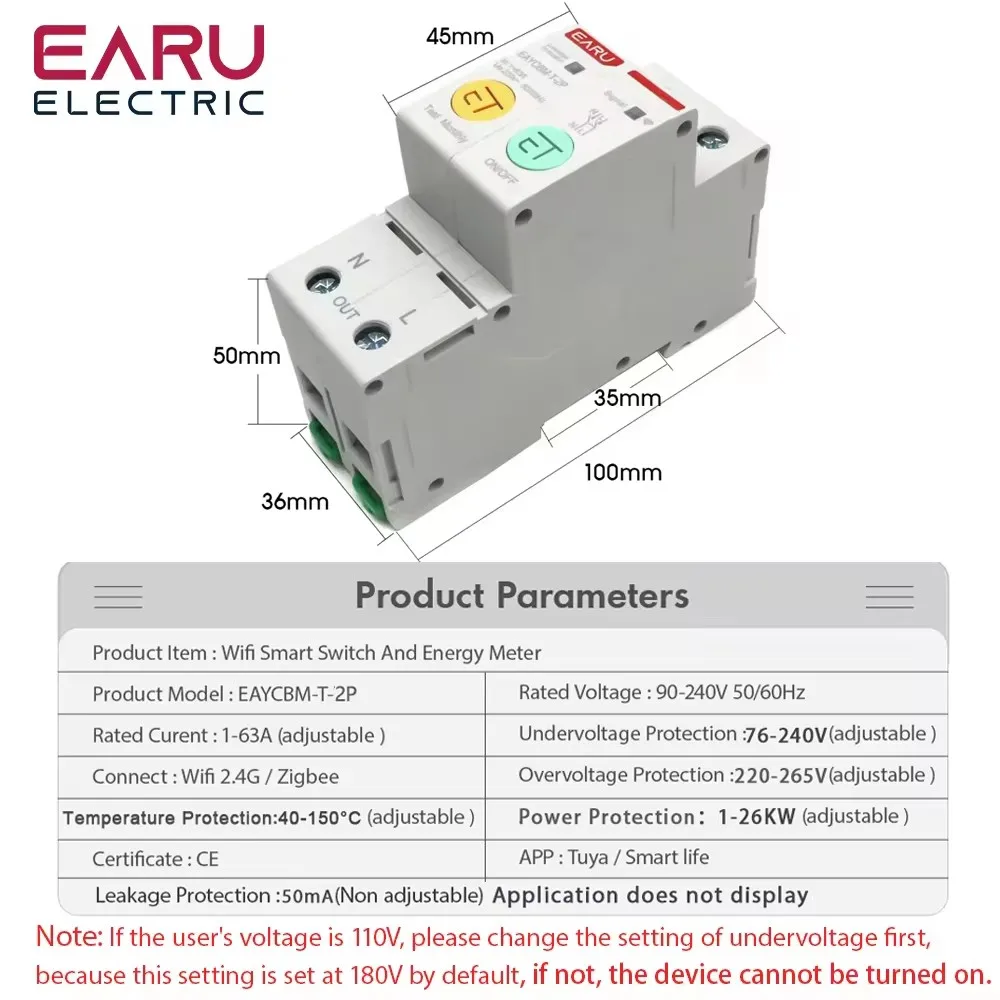 2P TUYA APP Zigbee WIFI Smart Energy Power Consumption kWh Meter Circuit Breaker Time Relay Switch Leakage Voltage Protection