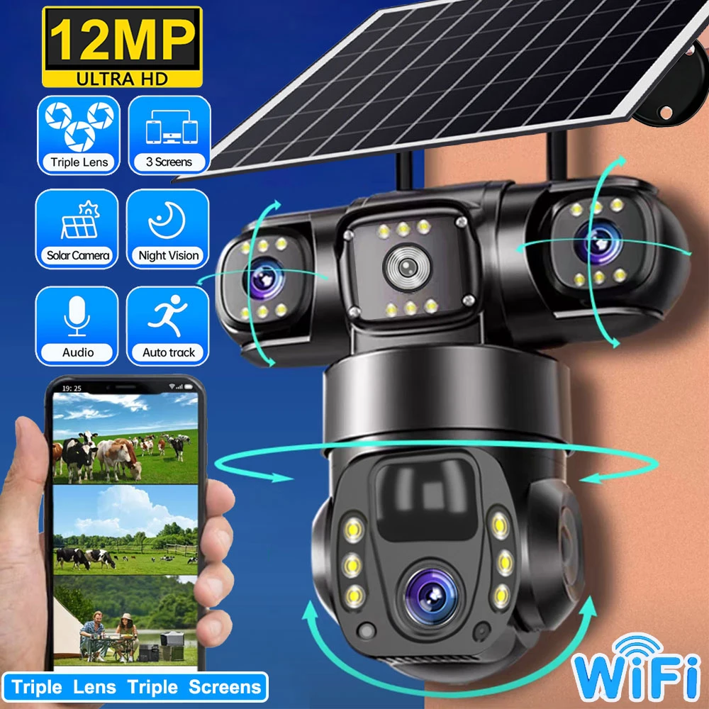 V380 Telecamera Solare 12MP per Esterni con Pannello Solare, Telecamera WiFi a Tripla Lente per Sicurezza Domestica, Videosorveglianza CCTV, Protezione, Monitoraggio a Tripla Schermata