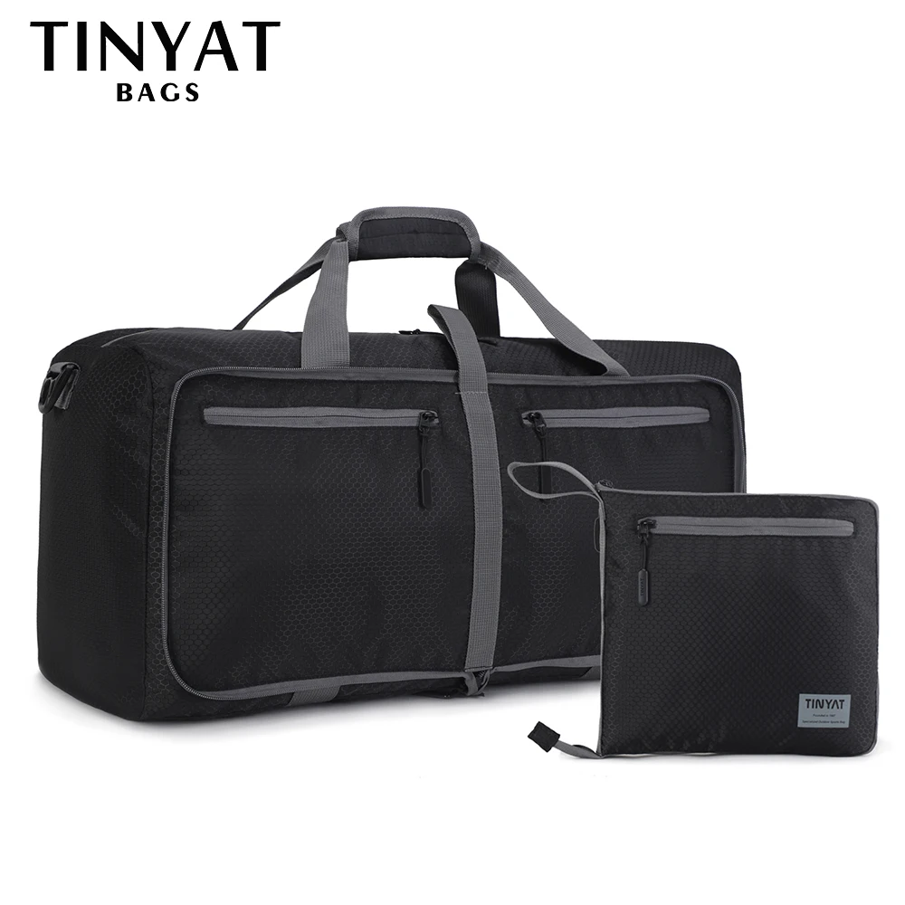 

TINYAT Men Folding Travel Bag Protable Women Tote Bag Large Capacity Waterproof Nylon Travel Duffel Bag Black luggage Male