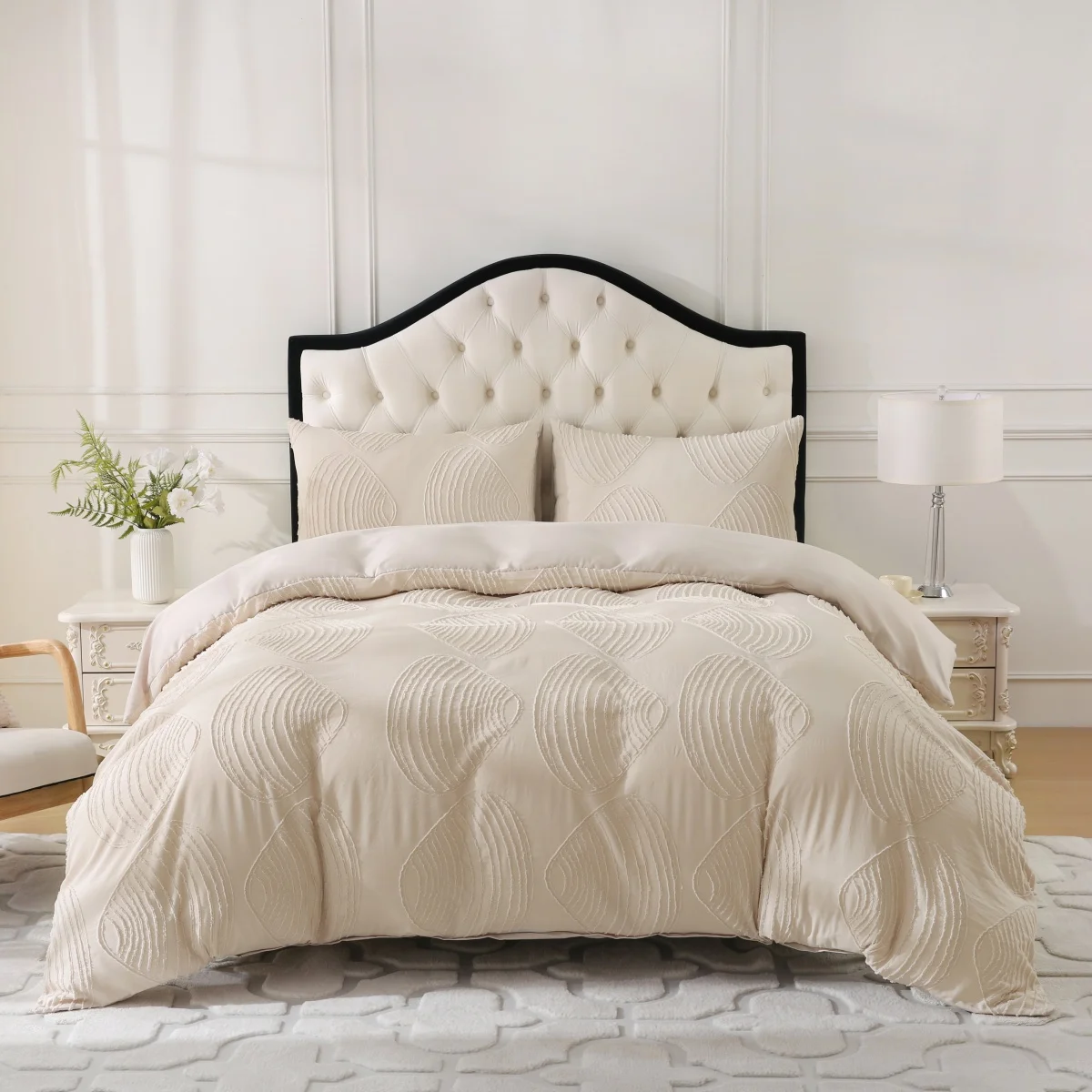 غطاء لحاف بيج توين كوين، 2/3 قطعة من قماش الجاكار الجمالي المزخرف، طقم سرير رث أنيق على طراز المزرعة