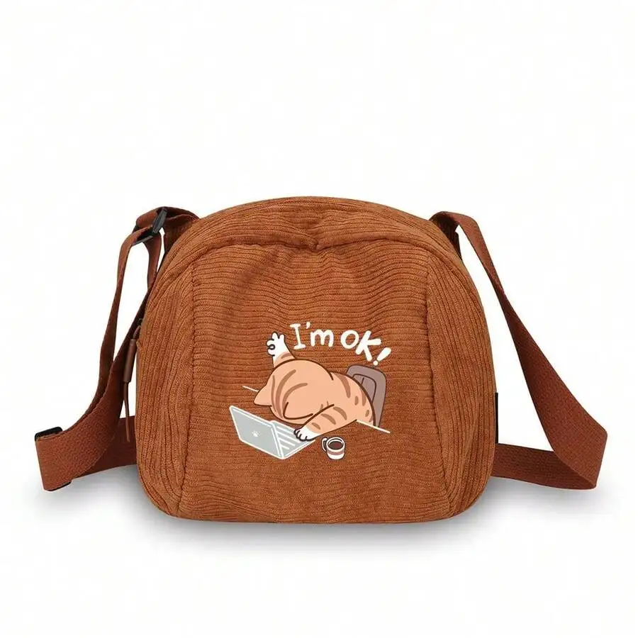 

Corduroy Crossbody Bag With Cat Cartoon Print For Women