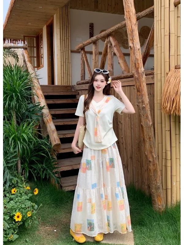 

plus Size Summer Outfit with Shoulder Shawl Waist-Cinched Short Sleeve Arc Design Meat Concealing Slimming Midi Half-length S...