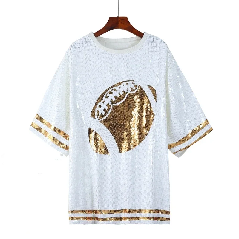 New Short Sleeve Baseball Shirts Women's Tops Summer Sequins Hip Hop Night Club Round Neck T-Shirt