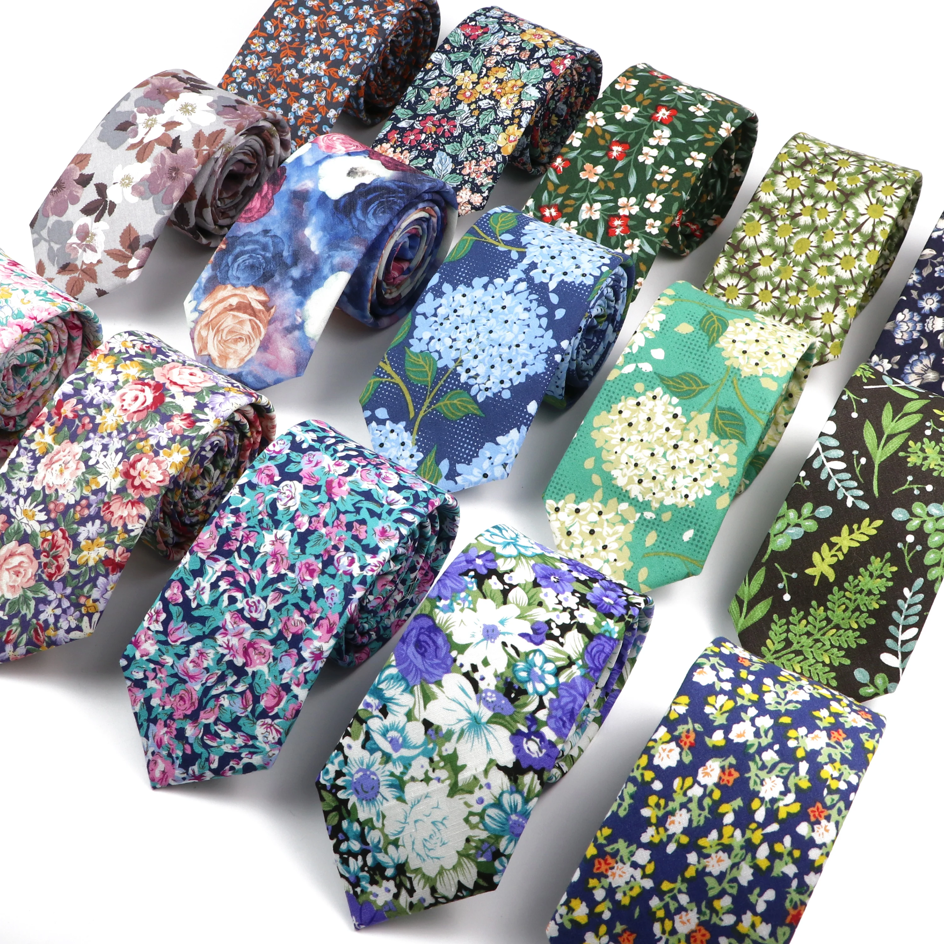 New Floral Tie For Men Women 100% Cotton Blue Green Beautiful Flower Narrow Skinny Necktie Groom Wedding Party Corbata Accessory