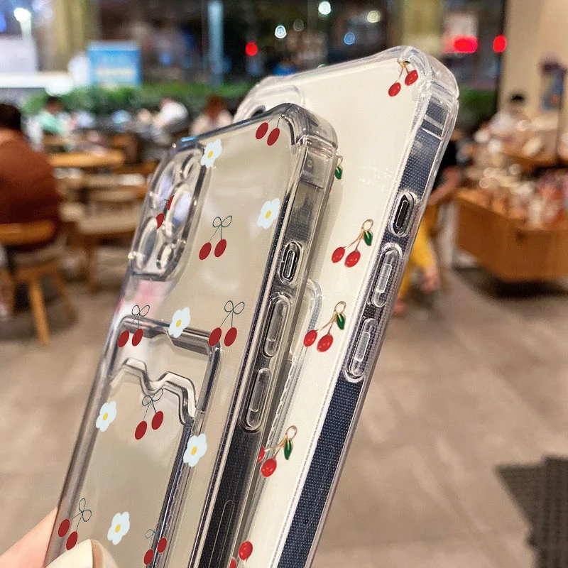 Case For iPhone 16 15 14 Pro Max 13 12 Mini 11 Cherry Flower Clear Phone Cover For iPhone XS X XR 7 8 Plus Wallet Card Bag Cover