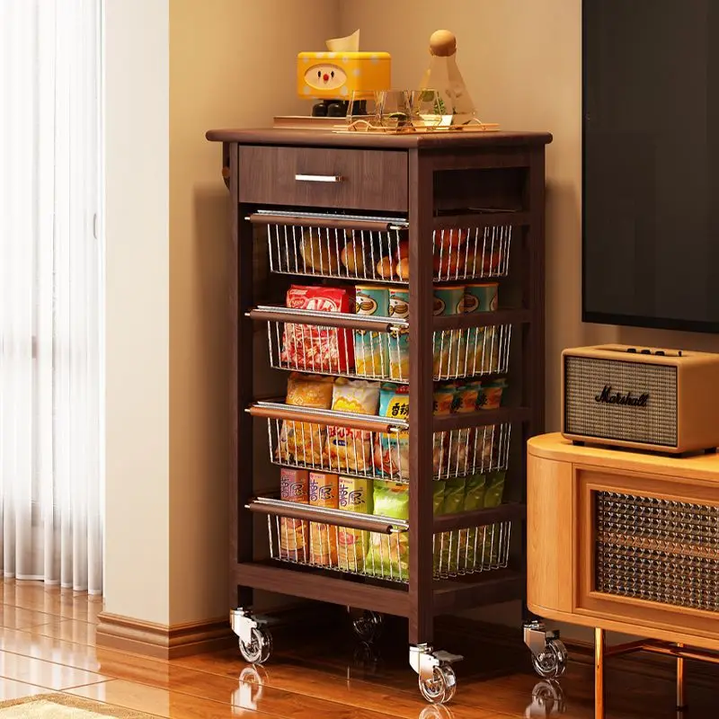 Medieval style solid wood cart rack, living room, bedroom floor-to-ceiling storage rack, retro style beverage snack storage