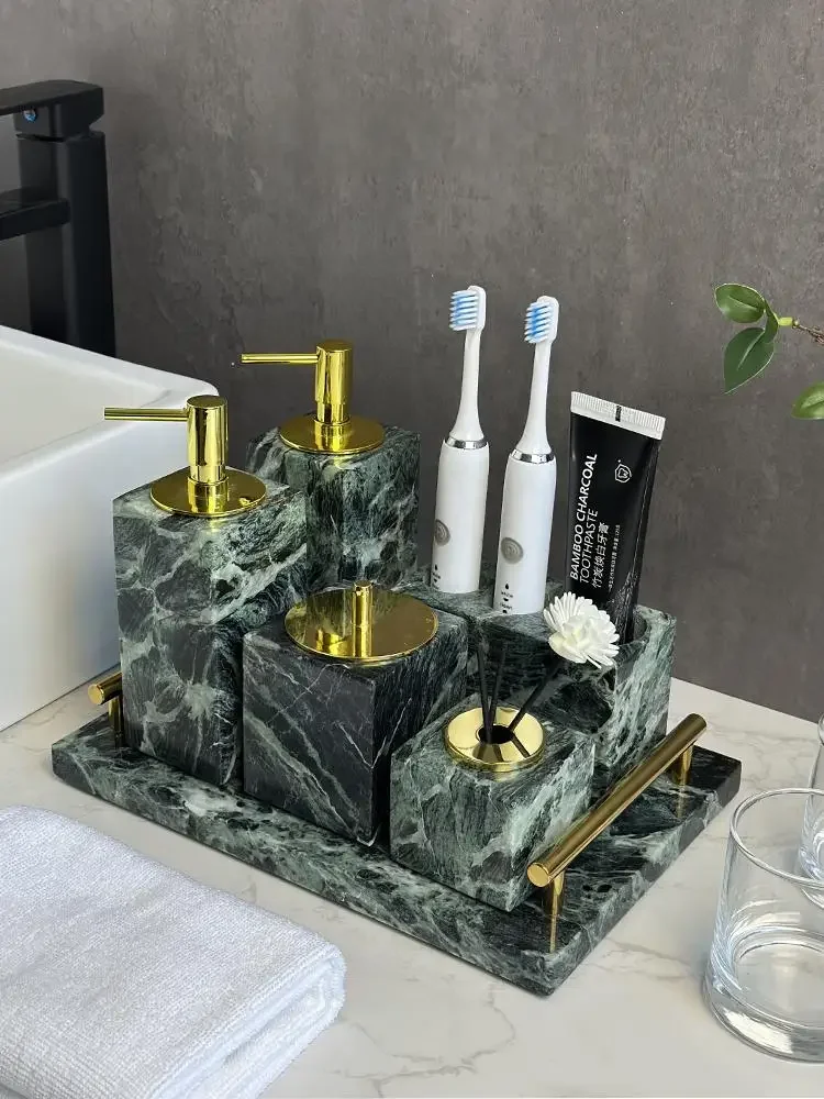 Luxury Natural Marble Bath Tray Set - Green Onyx Stone Vanity Organizer w/ Hotel-Grade Waterproof Design for Spa & Home Decor