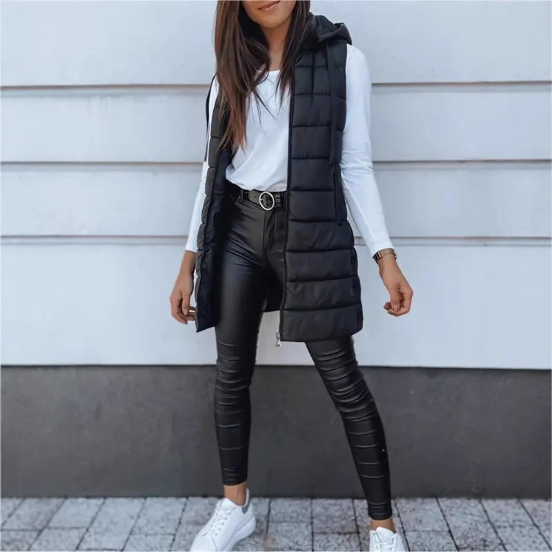 Women Long Vests Puffer Thick Coats  Zip Up Quilted Padded Vest Hooded Mid-Length Cotton Coat Vest Winter Warm Outerwear Coat