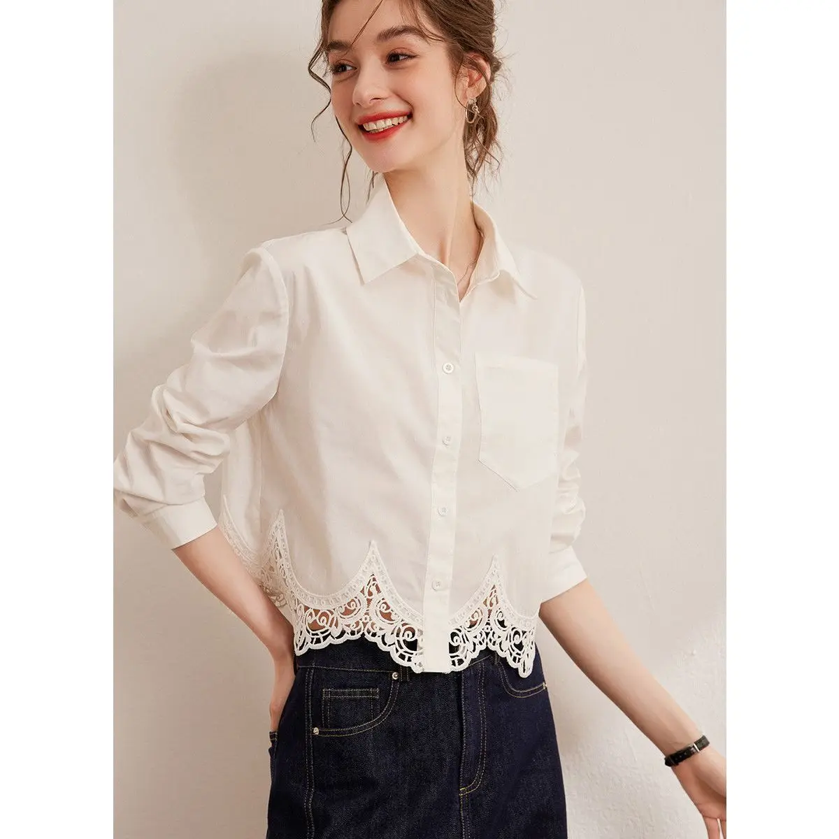 

French Lace Patchwork Short Shirt 2026 Spring Autumn Women Elegant Blouse Femae Longsleeve White Shirt Office Lady Base Shirt