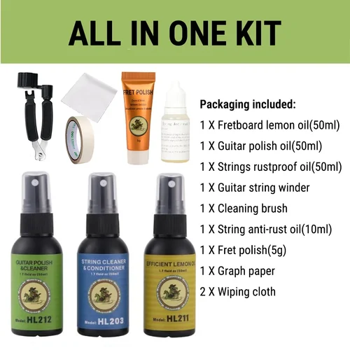 Kit todo en uno de limpieza de guitarra, diapasón, aceite de limón, limpiador de cuerdas, enrollador de cuerdas de guitarra para mantenimiento de limpieza de guitarra