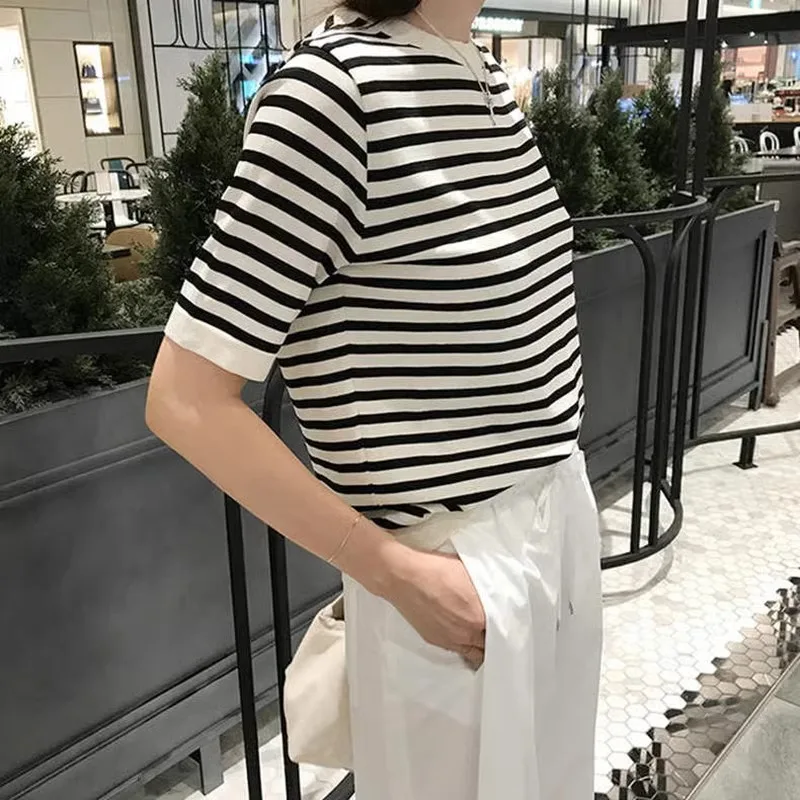 Classic summer thin black and white striped ice silk short-sleeved knitwear women loose slimming large size half-sleeved T-shirt