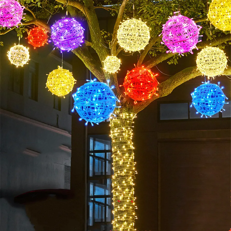 LED Rattan Ball Christmas Tree String Light Outdoor 20/30CM Garden Lights Decoration Wedding Party Backyard Hanging Fairy Lights