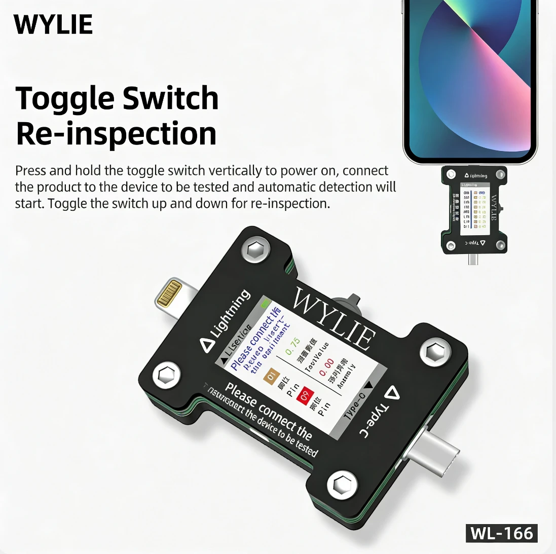 WYLIE WL-166 Tail Insertion Tester Lightning/Type-C Port Tester for iPhone/Android Auto Fault Detection HD Display Repair Tools
