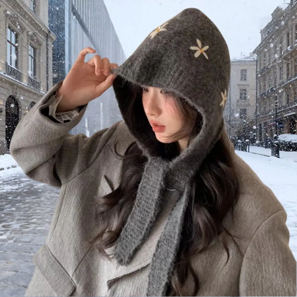 

Knitted Hooded Caps for Women Balaclava Hats Korean Flower Embroidery Neck Collar Scarf Cap Ski Beanie One-piece Neck Collar Cap