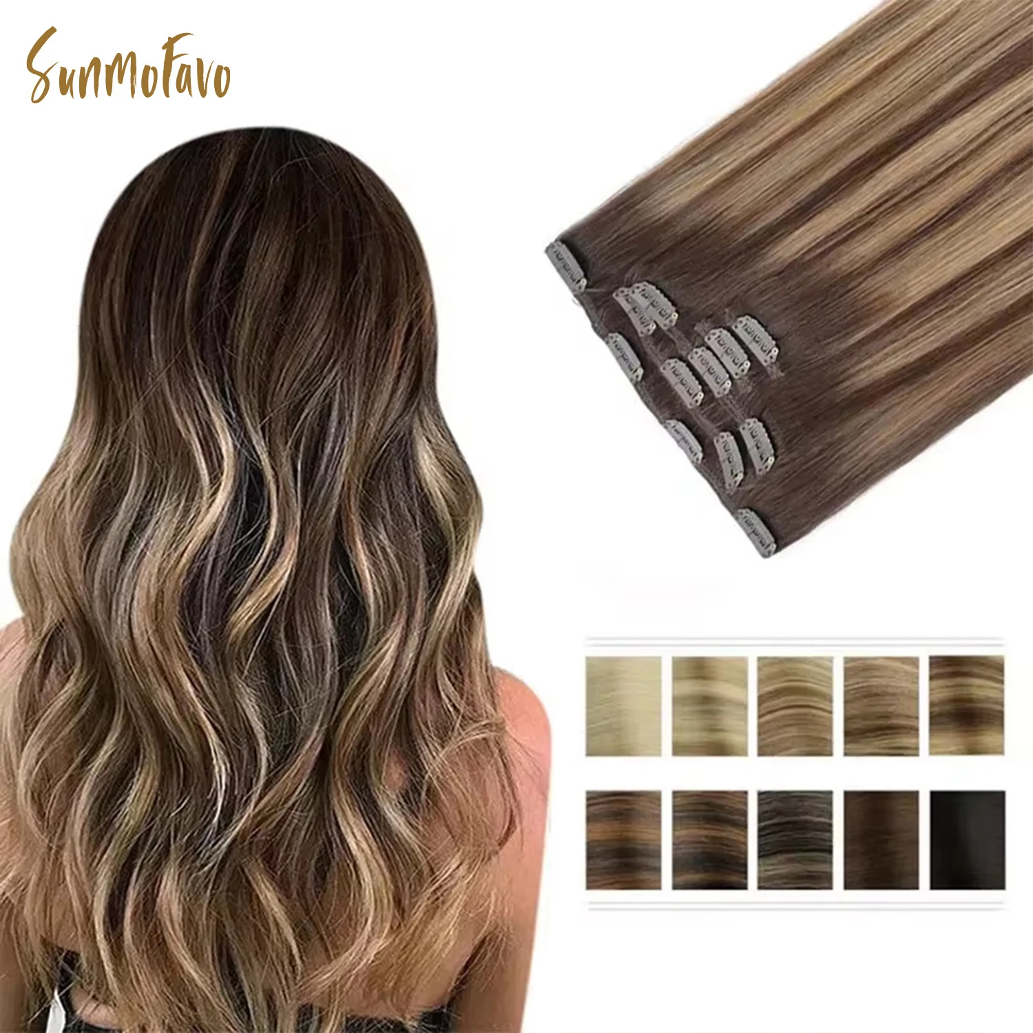 Sunmofavo Clip In Human Hair Extensions 100% Remy Straight Hair Natural Light Brown Honey Ombre 5Pcs 70g Clip On Hairpieces