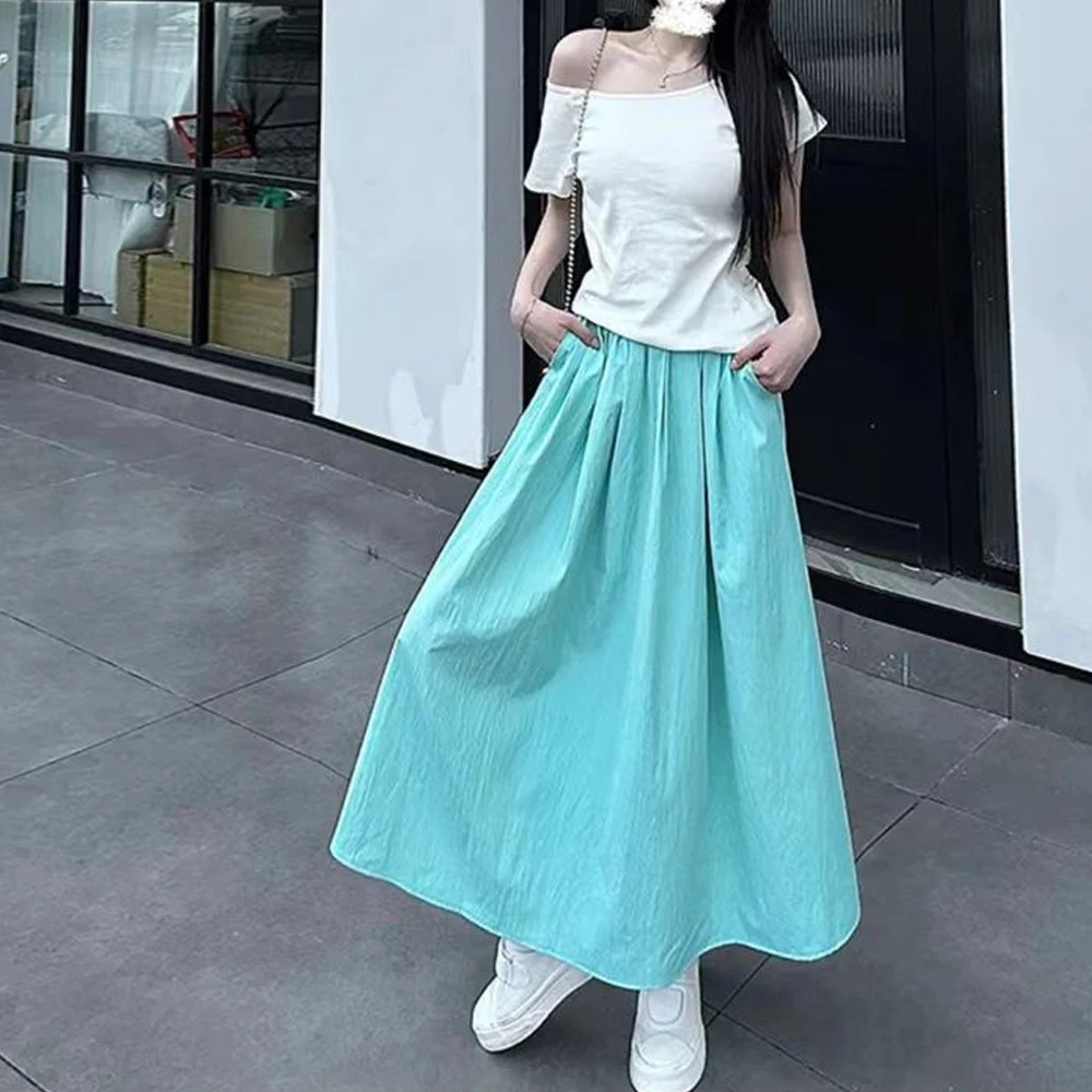 Solid Color Casual Long Skirt For Women Fashion Girl S-2XL Party Nice Designs Candy Color Mid Waist Elastic A-Line Skirts Female