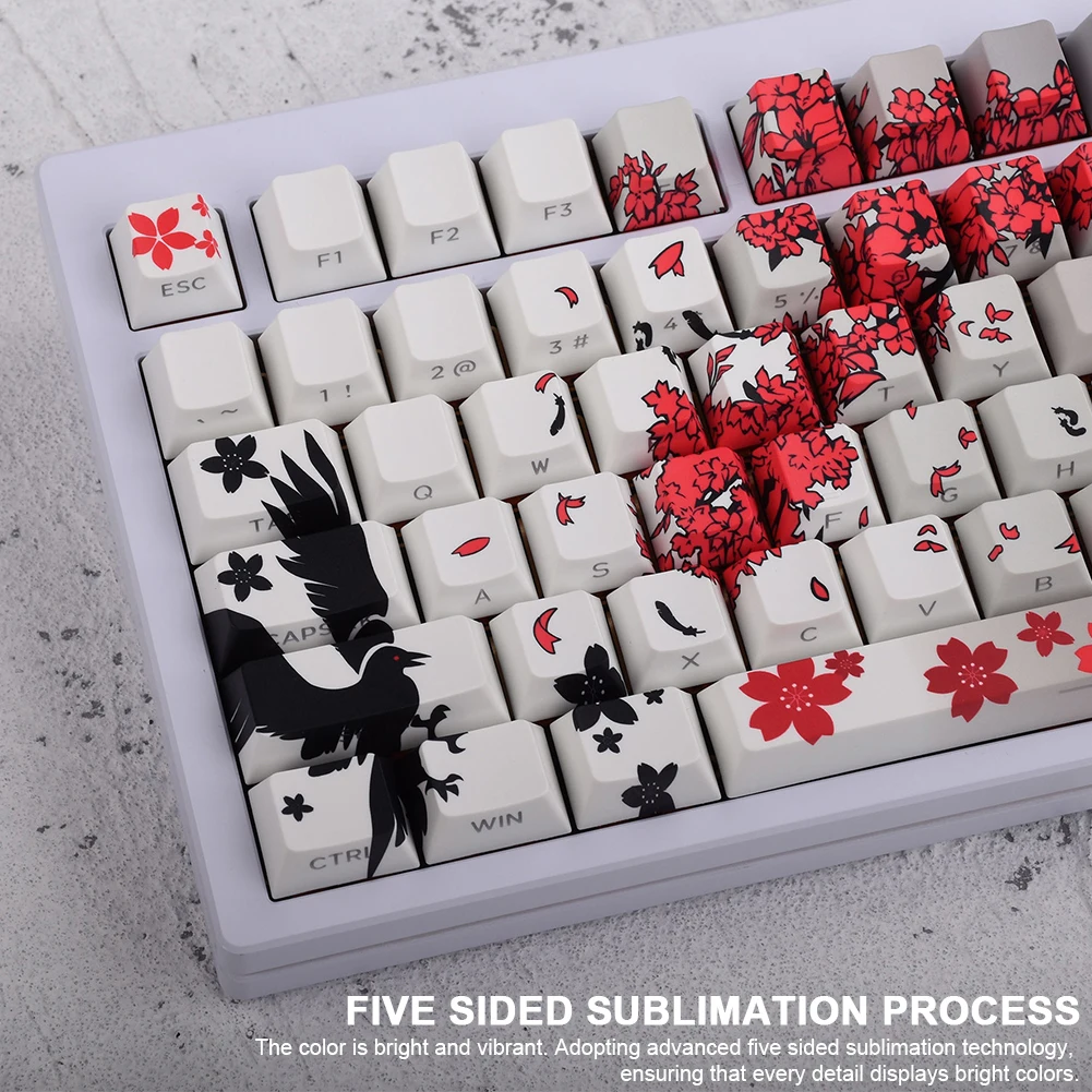 Set Keycap Raven Sakura 129 Key, Keycap PBT Dye Sub, Keycap Kustom untuk Keyboard Mekanik 60/75/80/87/98/104/108