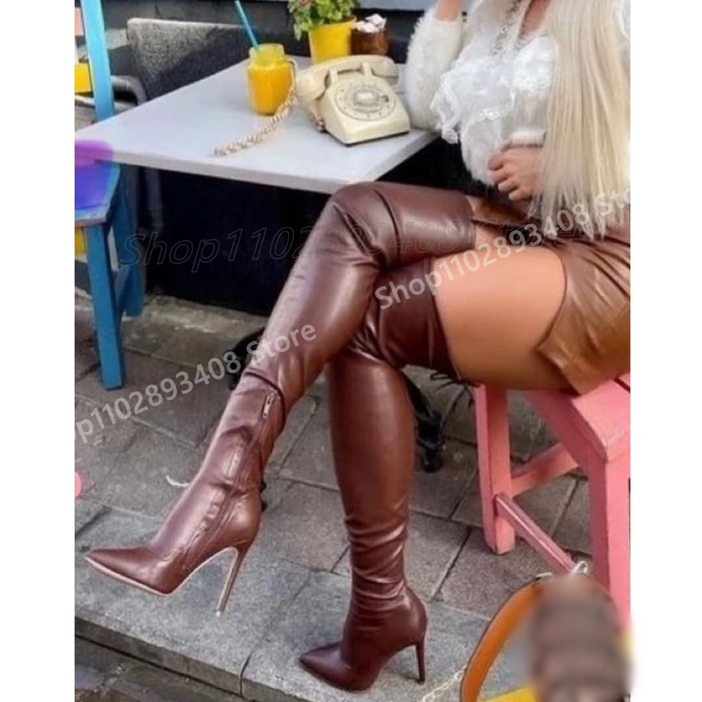 Coffe Elastic Matte Leather Over the Knee Boots Pointed Toe Retro Stiletto High Heel Sexy Women Shoes 2025 Zapatos Para Mujere