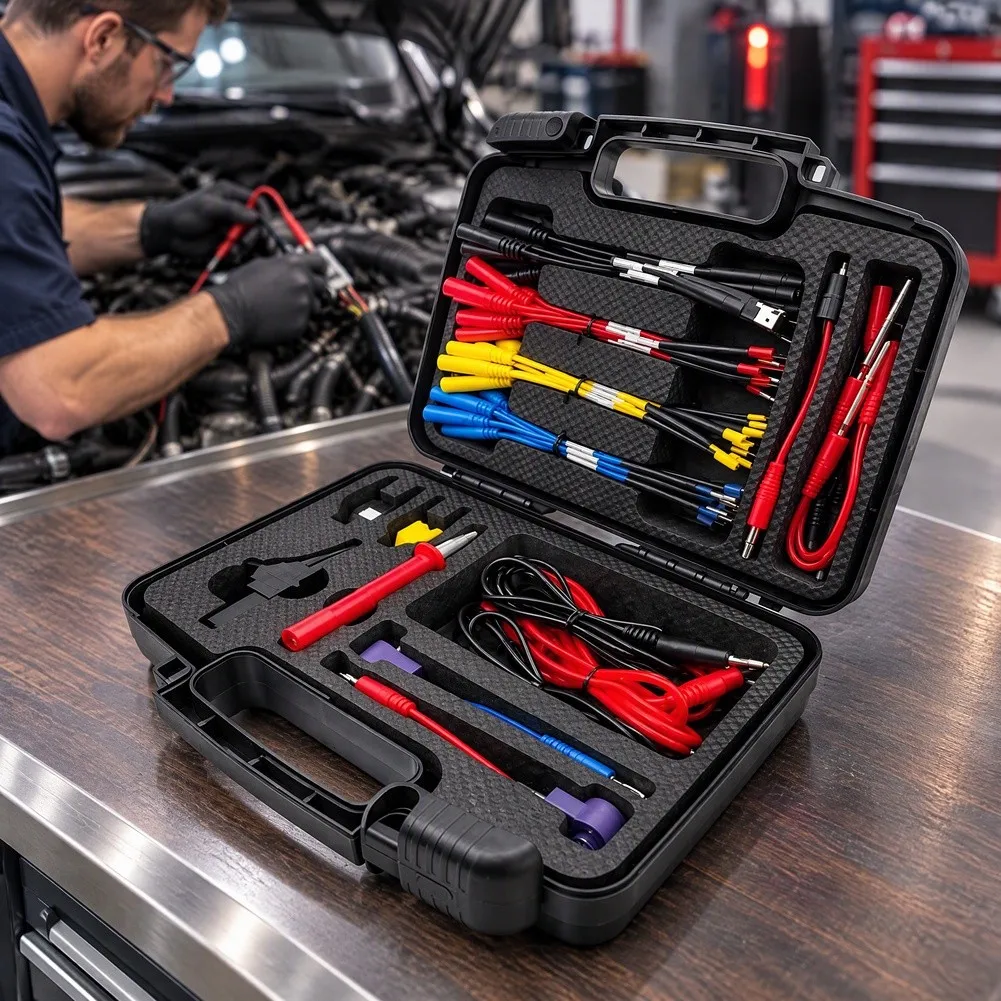 68PCS Professional Test Probe Kit for Automotive Multimeter Use with Black Red Yellow Blue Terminal Wires and Case