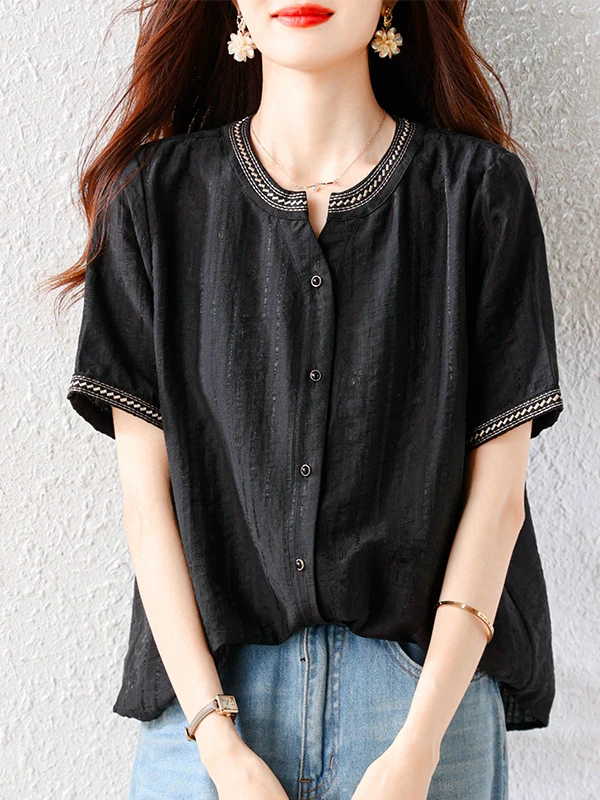 

Black Embroidered Loose Short Sleeve Shirt Women's plus Size Fashionable Thin Summer New Style Belly Covering Casual Shirt