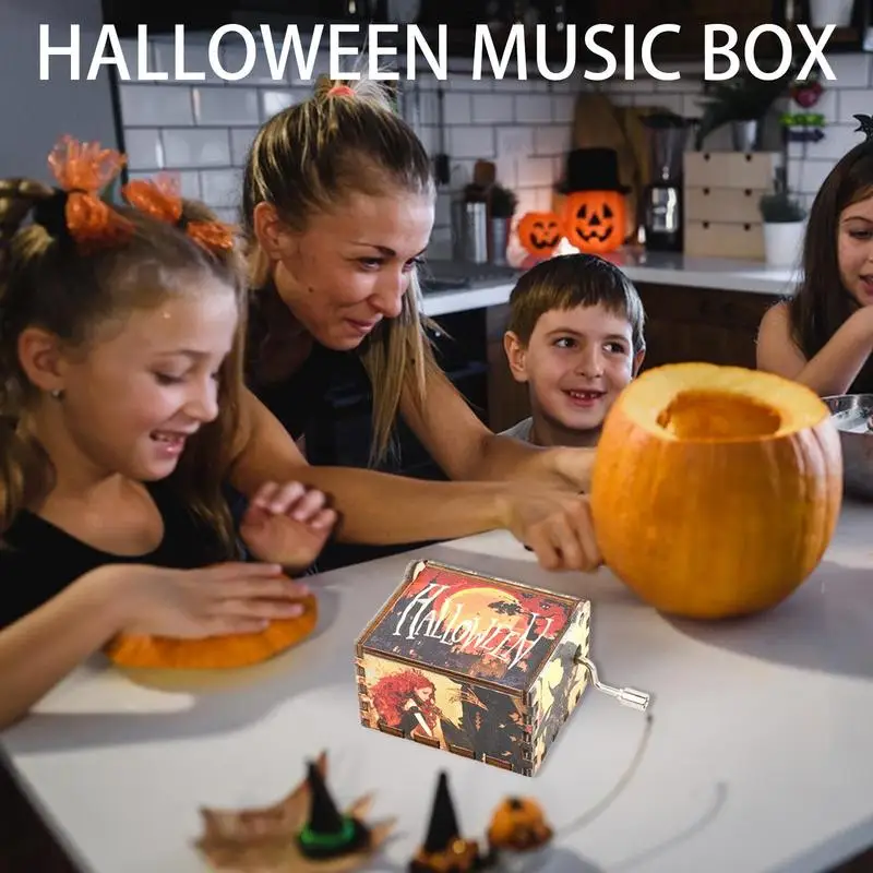 Hand-Cranked Wooden Music Box Engraved Musical Box Vintage Wooden Music Box Halloween Tune Music Box Exquisite Home Decor For