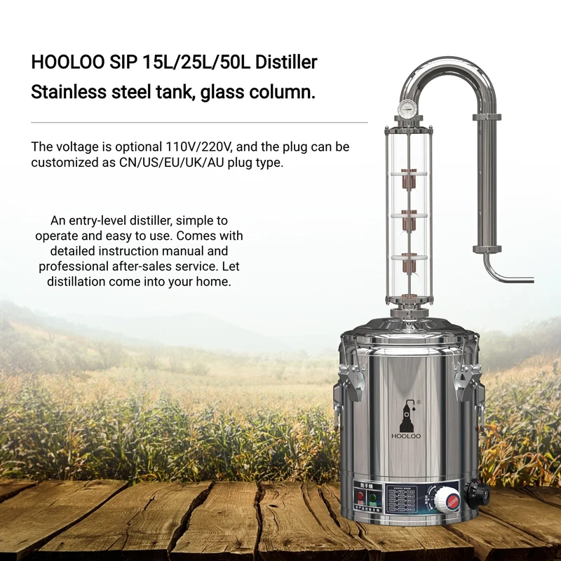 HOOLOO SIP Distiller 15/25/50L Home Alcohol Still Home-Appliance Glass Column Electric Heating Moonshine Apparatus