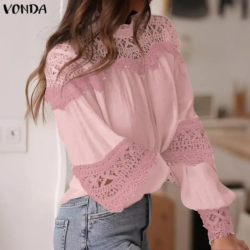 

VONDA модная блузка стильные женские кружевные топы с воротником-стойкой и длинными рукавами осенние лоскутные повседневные элегантные офисные женские рубашки Blusas