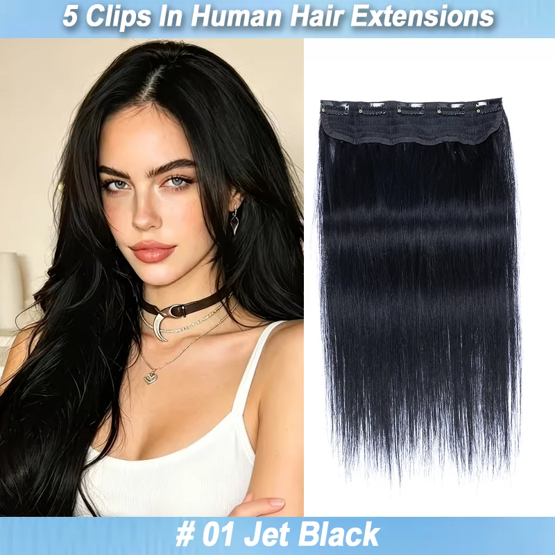 5 Clips In Hair Extensions Real Human Hair Long Straight Hairpiece for Women Invisible Clips In Hair Enhancement Easy To Wear