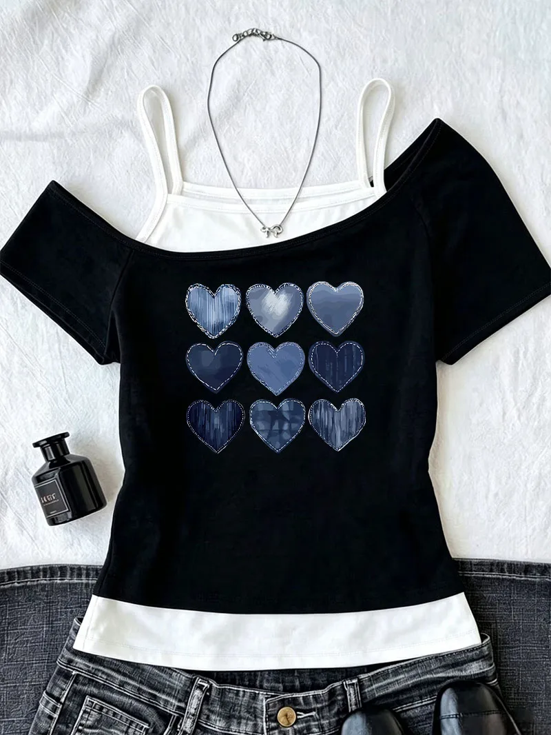 2000s Vintage Love Heart T Shirt Women Fashion T-Shirt Off-Shoulder 90s Trendy Graphic Aesthetic Girls T Shirt Y2k Tops Tee